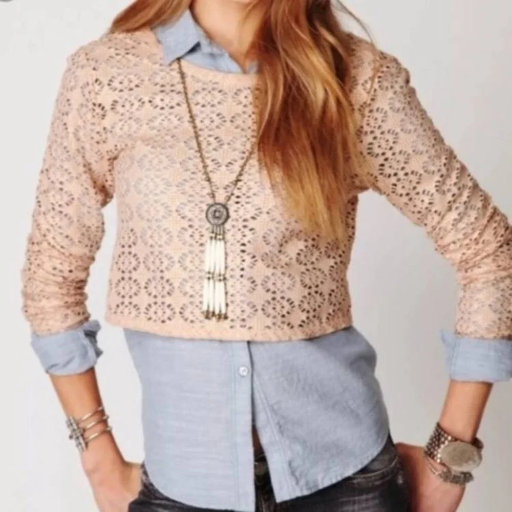 Free People Beach Tan Eyelet Long Sleeve Crop Top XS